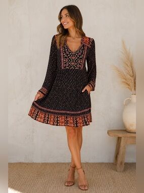 Style & Co Boho Embroidered V-Neck Dress | Festival Cottagecore Mini